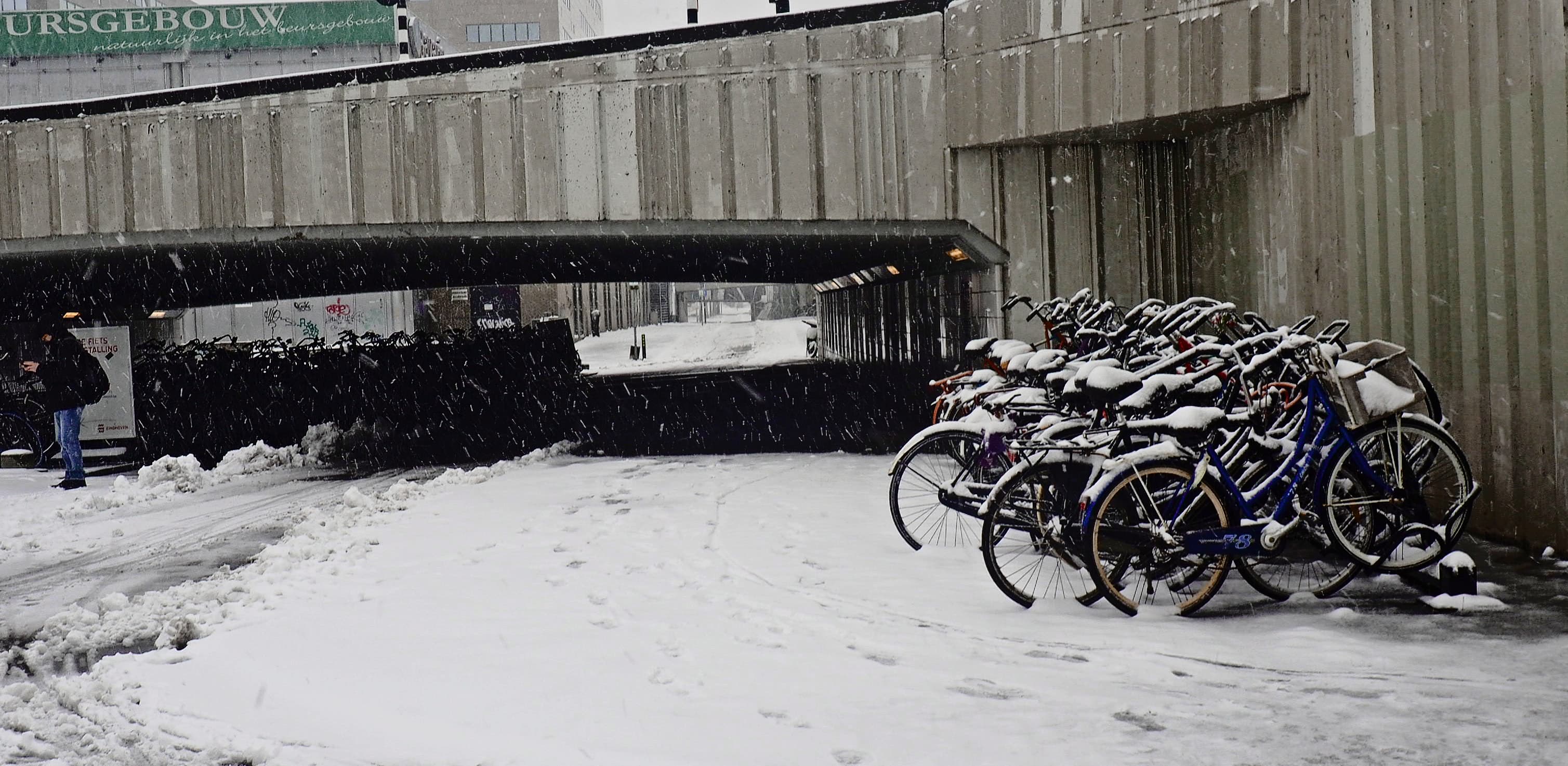Snow-Covered Bicycles Outside Beursgebouw